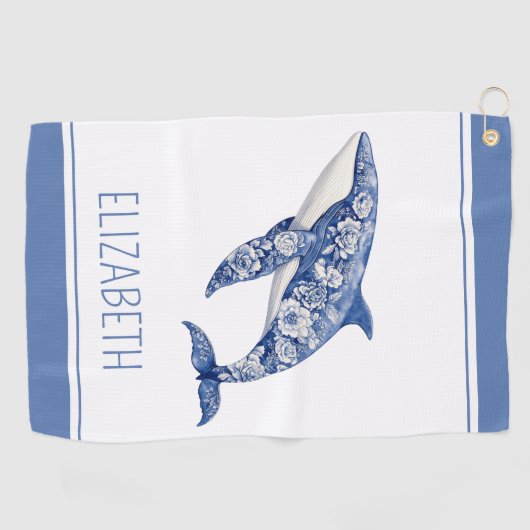 Blue Toile Floral Beach Dolphin Personalisiert Golfhandtuch (Horizontal)