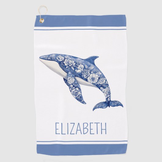 Blue Toile Floral Beach Dolphin Personalisiert Golfhandtuch (Vorderseite)