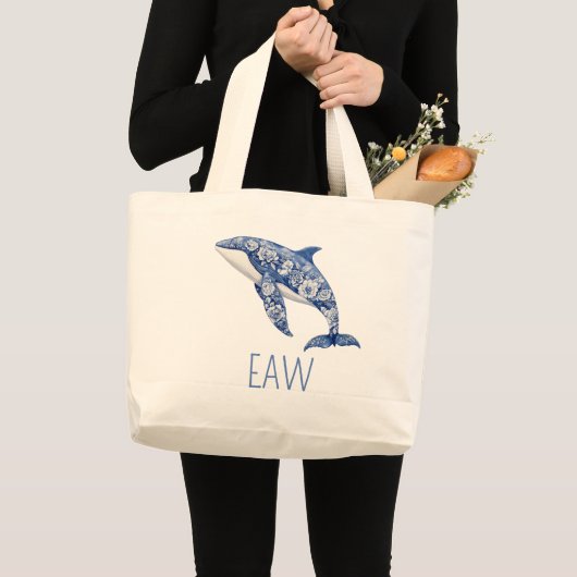 Blue Toile Floral Beach Dolphin Personalisiert Jumbo Stoffbeutel (Vorderseite (Produkt))