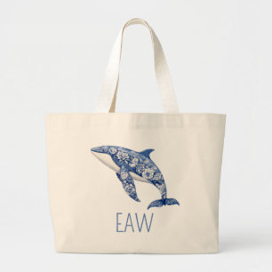 Blue Toile Floral Beach Dolphin Personalisiert Jumbo Stoffbeutel