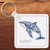 Blue Toile Floral Beach Dolphin Personalisiert Schlüsselanhänger (Vorderseite)
