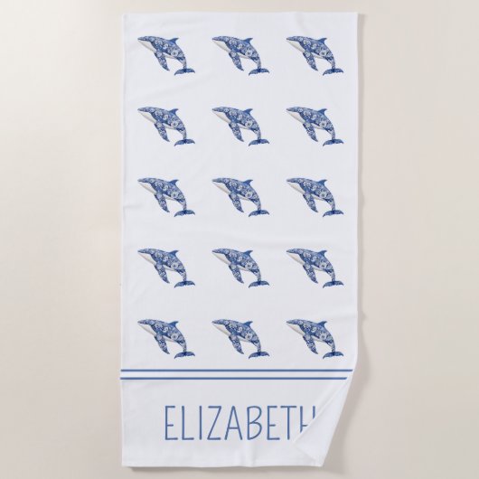 Blue Toile Floral Beach Dolphin Personalisiert Strandtuch (Vorderseite)