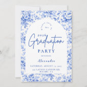 Blue Toile Floral Graduation Party Einladung (Vorderseite)