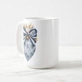 Blue Toile Floral Heart Navy Stripe Bow Kaffeetasse (Vorderseite Links)