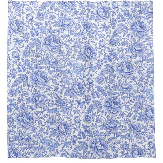 Blue Toile Floral Pattern Classic Botanical Duschvorhang (Vorderseite)