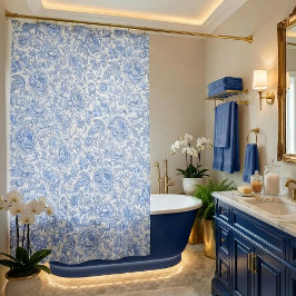 Blue Toile Floral Pattern Classic Botanical Duschvorhang