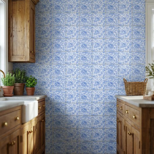 Blue Toile Floral Pattern Classic Botanical Fliese