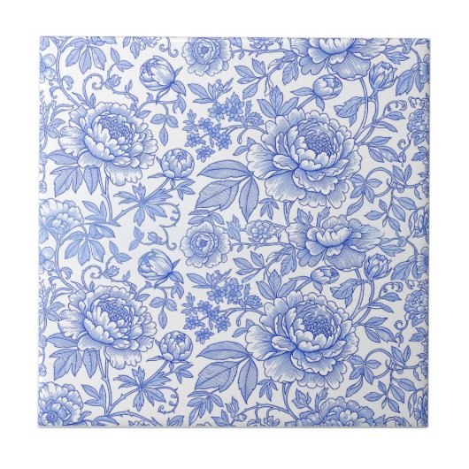Blue Toile Floral Pattern Classic Botanical Fliese (Vorderseite)