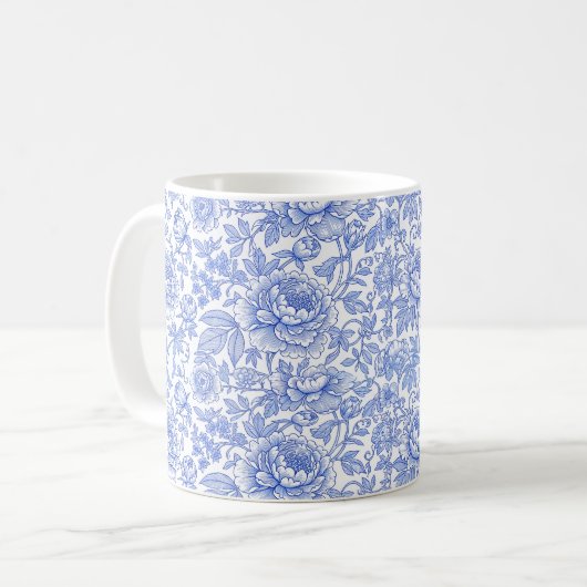 Blue Toile Floral Pattern Classic Botanical Kaffeetasse (Vorderseite Links)