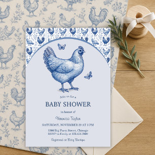 Blue Toile French Country Chicken Baby Dusche Einladung