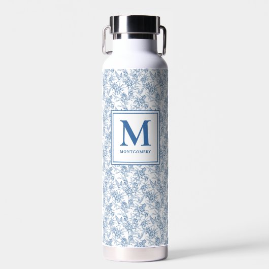 Blue Toile French Monogram Name Trinkflasche (Vorne)