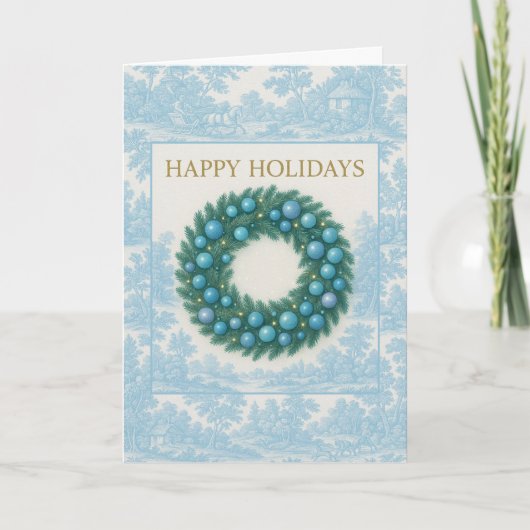 Blue Toile Holiday Card with Winter Wreath Karte (Vorderseite)