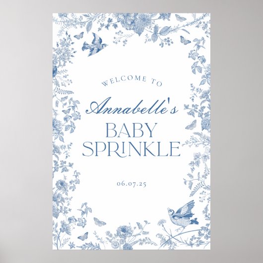 Blue Toile Jouy Floral Baby Sprinkle Begrüßungszei Poster (Vorne)
