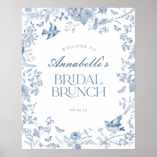 Blue Toile Jouy Floral Bridal Brunch Begrüßungszei Poster (Vorne)