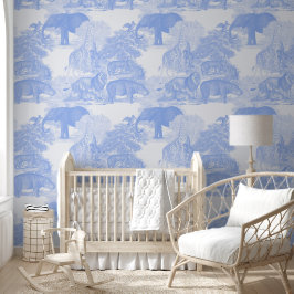 Blue Toile Jungle Animals Safari Chinoiserie Boy Tapete