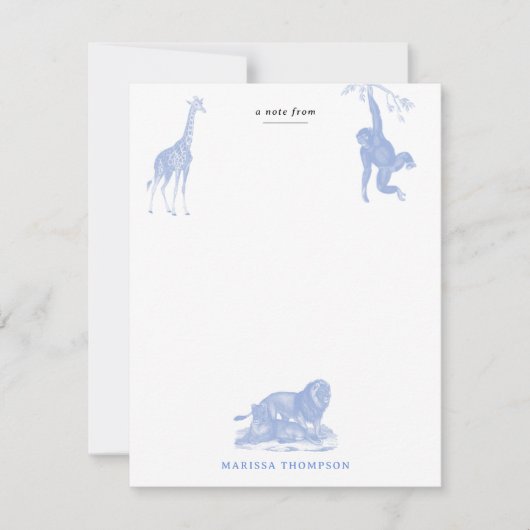 Blue Toile Jungle Animals Safari Chinoiserie Mitteilungskarte (Vorderseite)