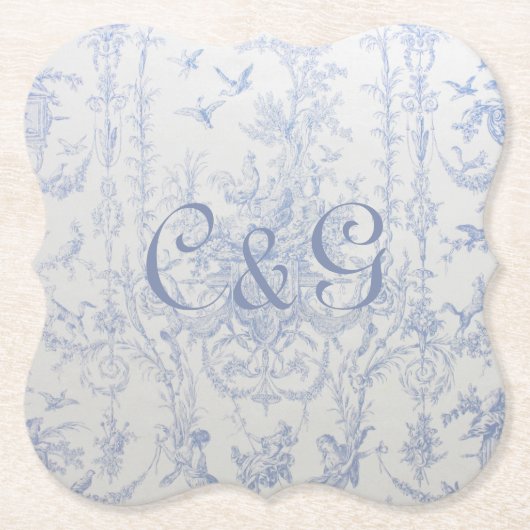 Blue Toile Mit Monogramm Untersetzer (Vorderseite)