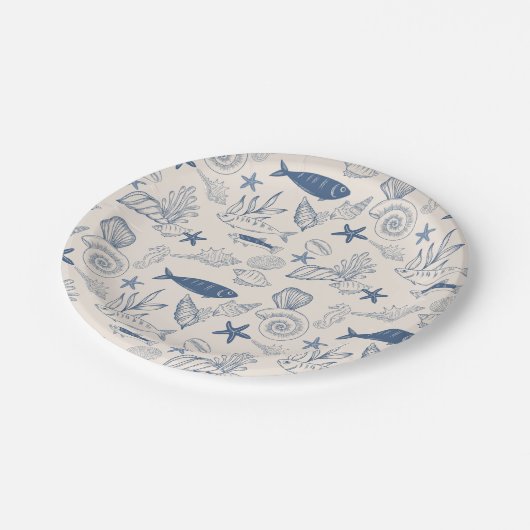 Blue toile Ocean Paper Plate Pappteller (Schrägansicht)