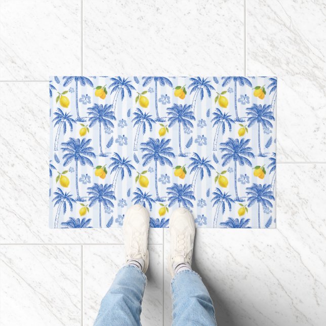 Blue Toile Palm Trees Lemons  Fußmatte (Indoor)