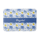 Blue Toile Palm Trees Lemons Monogram Name Badematte (Vorderseite)