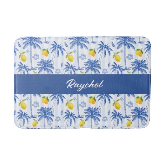 Blue Toile Palm Trees Lemons Monogram Name Badematte (Vorderseite)