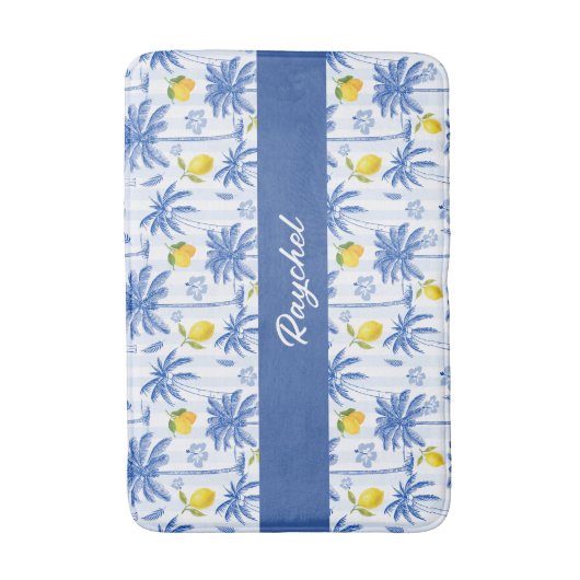 Blue Toile Palm Trees Lemons Monogram Name Badematte (Vorderseite Vertikal)