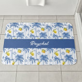 Blue Toile Palm Trees Lemons Monogram Name Badematte