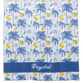 Blue Toile Palm Trees Lemons Monogram Name Duschvorhang (Vorderseite)