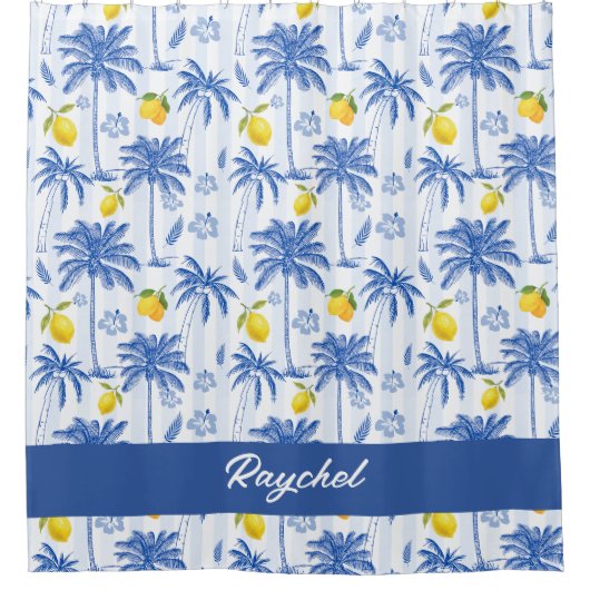 Blue Toile Palm Trees Lemons Monogram Name Duschvorhang (Vorderseite)