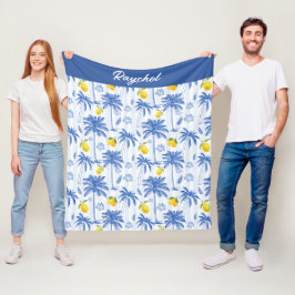 Blue Toile Palm Trees Lemons Monogram Name Fleecedecke