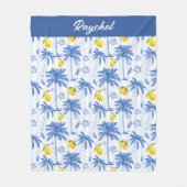Blue Toile Palm Trees Lemons Monogram Name Fleecedecke (Vorderseite)