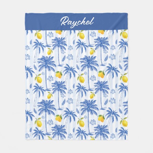 Blue Toile Palm Trees Lemons Monogram Name Fleecedecke (Vorderseite)