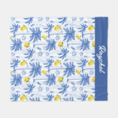 Blue Toile Palm Trees Lemons Monogram Name Fleecedecke (Vorderseite (Horizontal))