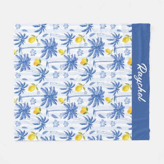 Blue Toile Palm Trees Lemons Monogram Name Fleecedecke (Vorderseite (Horizontal))