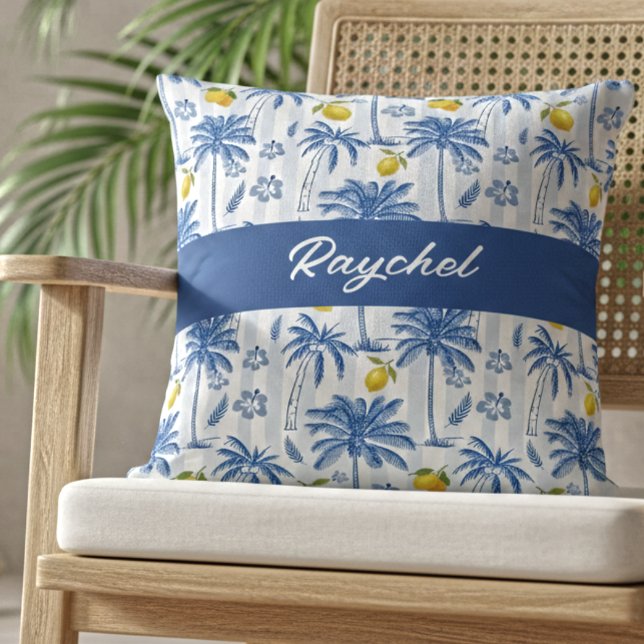 Blue Toile Palm Trees Lemons Monogram Name Kissen (Von Creator hochgeladen)