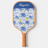 Blue Toile Palm Trees Lemons Monogram Name Pickleball Schläger (Vorderseite)
