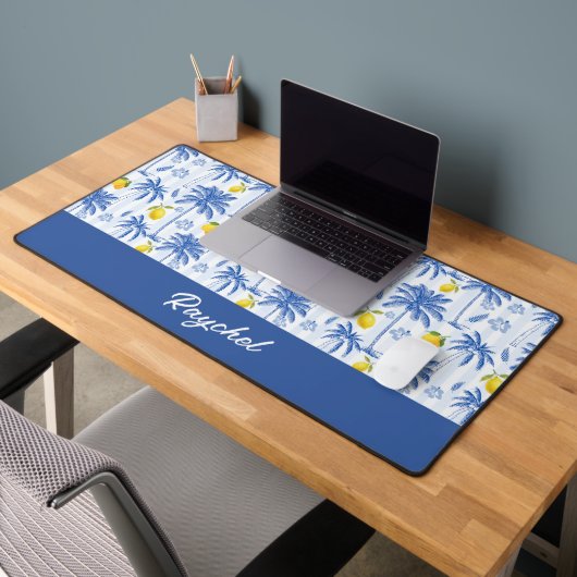 Blue Toile Palm Trees Lemons Monogram Name Schreibtischunterlage (Büro 2)