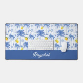 Blue Toile Palm Trees Lemons Monogram Name Schreibtischunterlage (Tastatur & Maus)