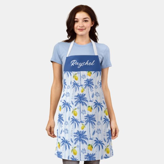 Blue Toile Palm Trees Lemons Monogram Name Schürze (Getragen)