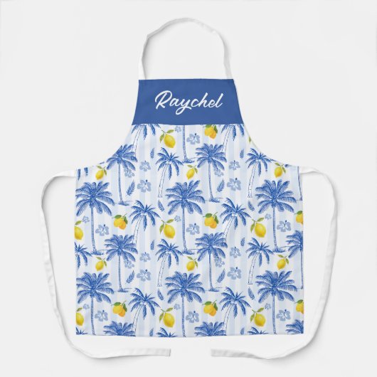 Blue Toile Palm Trees Lemons Monogram Name Schürze (Vorderseite)