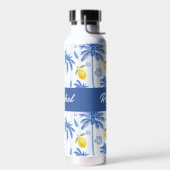 Blue Toile Palm Trees Lemons Monogram Name Trinkflasche (Links)