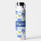 Blue Toile Palm Trees Lemons Monogram Name Trinkflasche (Vorne)