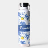 Blue Toile Palm Trees Lemons Monogram Name Trinkflasche (Rückseite)