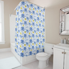 Blue Toile Palm Trees Lemons Pattern Duschvorhang
