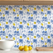 Blue Toile Palm Trees Lemons Pattern Fliese