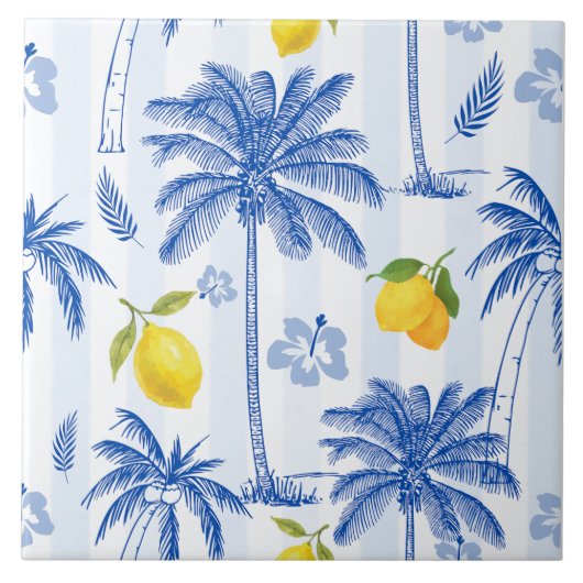 Blue Toile Palm Trees Lemons Pattern Fliese (Vorderseite)