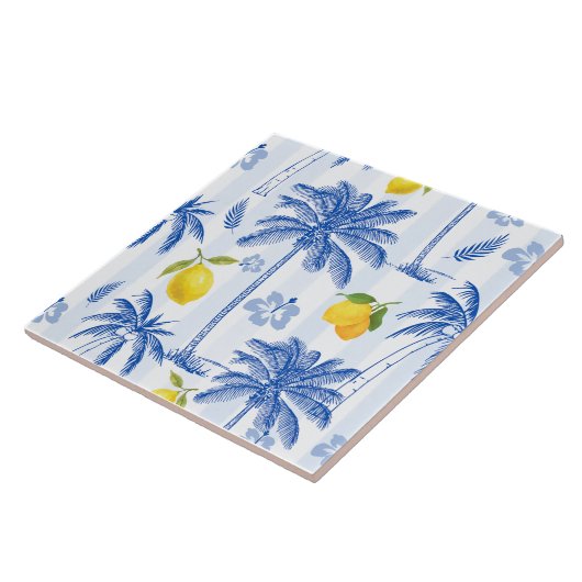 Blue Toile Palm Trees Lemons Pattern Fliese (Seite)