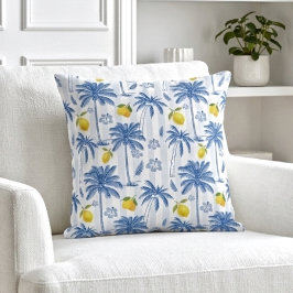 Blue Toile Palm Trees Lemons Pattern Kissen