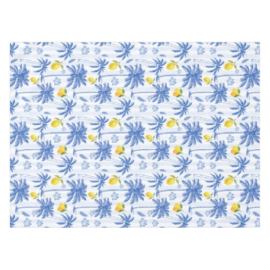 Blue Toile Palm Trees Lemons Pattern Tischdecke (Vorderseite (Horizontal))