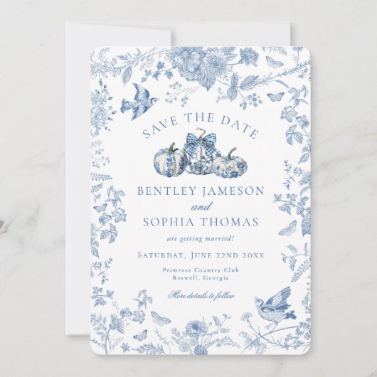 Blue Toile Pumpkin Französische Hütte Save the Dat Einladung (Vorderseite)